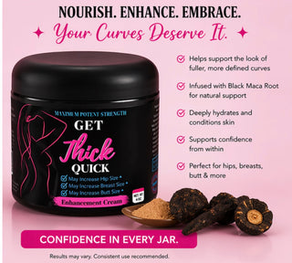 Black jar of 'GET Thick QUICK' enhancement cream with pink text on a pink background