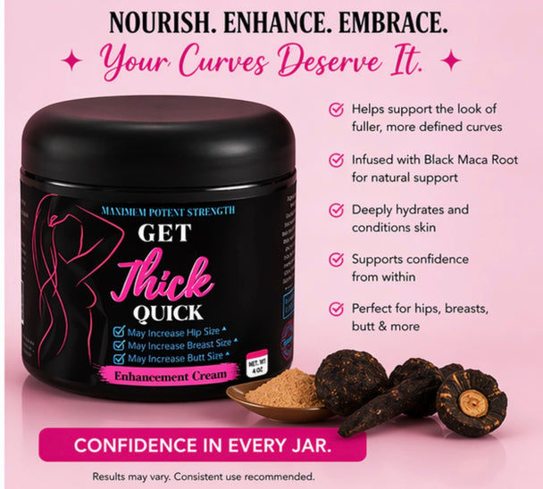 Black jar of 'GET Thick QUICK' enhancement cream with pink text on a pink background