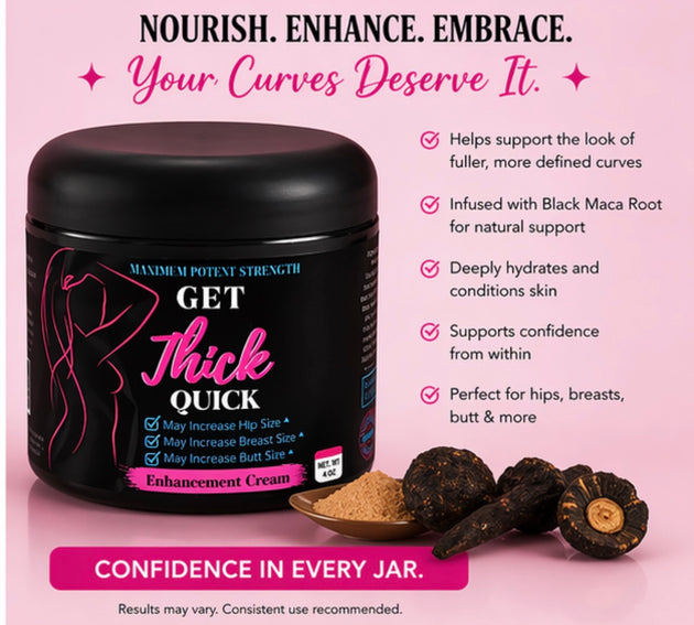 Black jar of 'GET Thick QUICK' enhancement cream with pink text on a pink background