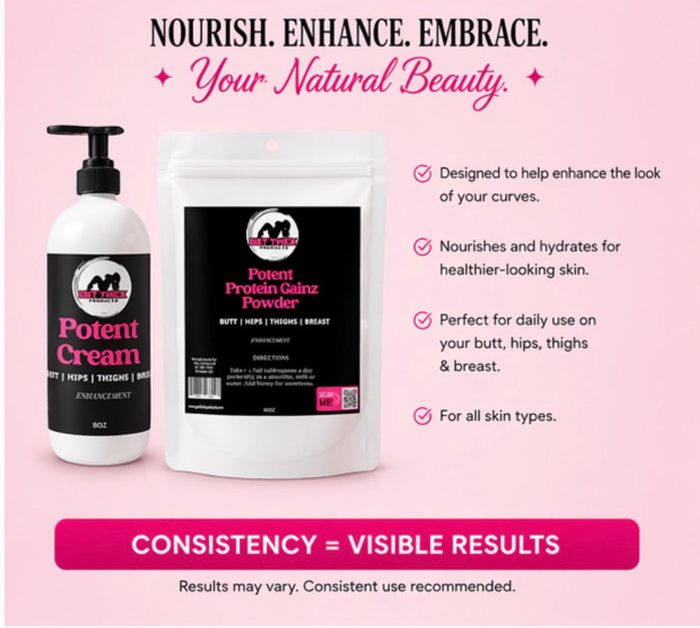 Cosmetic products with text on a pink background for curves and weight gain