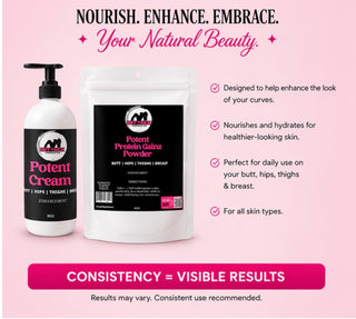 Cosmetic products with text on a pink background for curves and weight gain