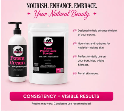 Cosmetic products with text on a pink background for curves and weight gain