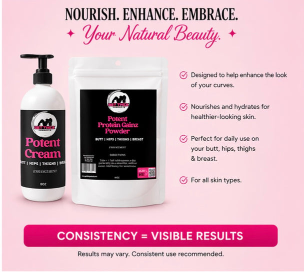 Cosmetic products with text on a pink background for curves and weight gain