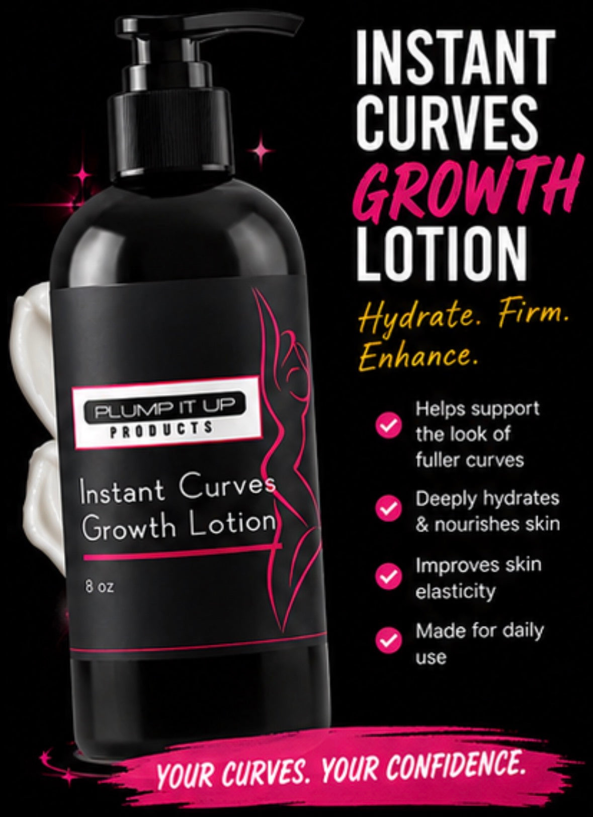Black bottle of 'Instant Curves Growth Lotion' with promotional text on a dark background