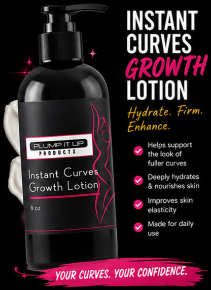 Black bottle of 'Instant Curves Growth Lotion' with promotional text on a dark background