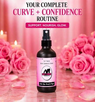 Product bottle with pink label against a pink floral background for Curve Care 