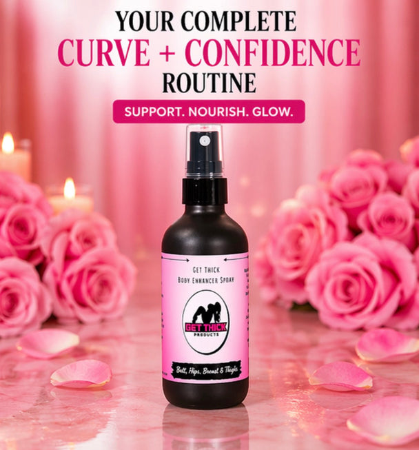 Product bottle with pink label against a pink floral background for Curve Care 