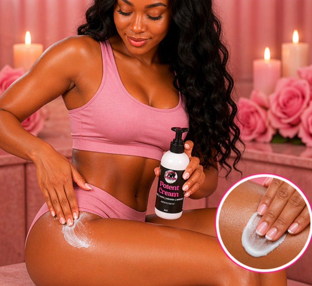 Woman applying cream to her leg with a bottle labeled 'Patent Cream' in a pink-themed setting.