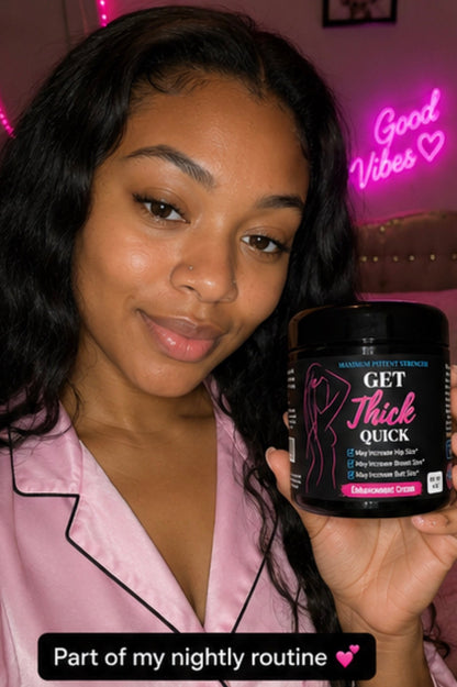 Woman holding a container labeled 'Get Thick Quick' with a pink neon sign in the background.