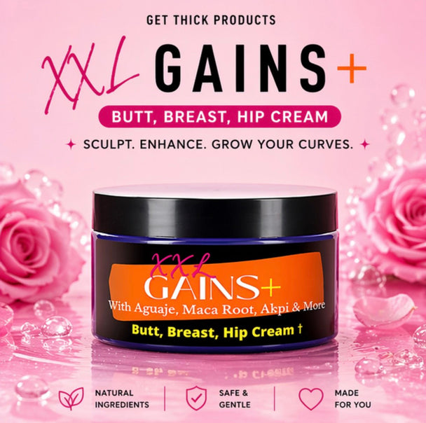 XXL GAINS+ Butt, Breast, Hip Cream jar with pink roses on a pink background