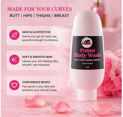 Body wash bottle with pink packaging and text on a pink background