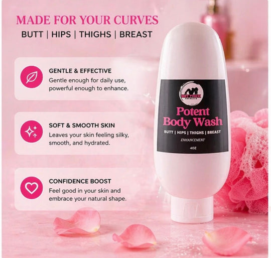Body wash bottle with pink packaging and text on a pink background