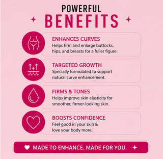 List of benefits on a pink background with icons and text.