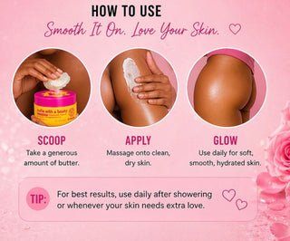 Instructions on how to use a skincare product with pink background and heart symbols.