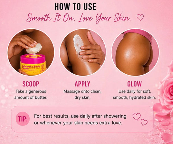 Instructions on how to use a skincare product with pink background and heart symbols.