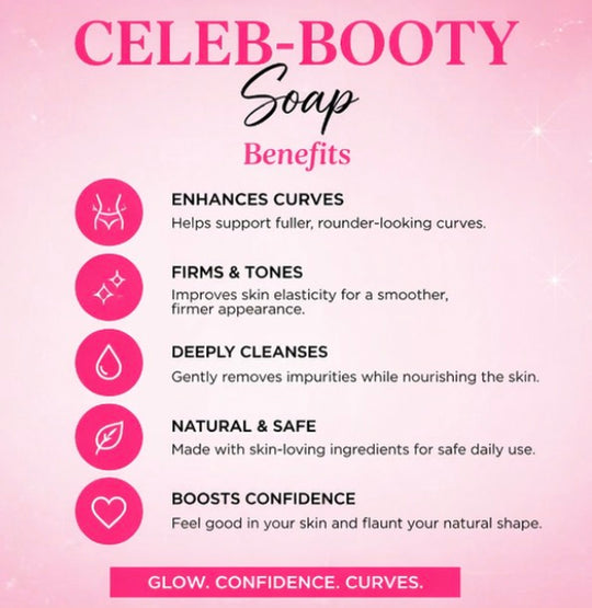 Advertisement for 'Celeb-Booty Soap' with benefits listed on a pink background.