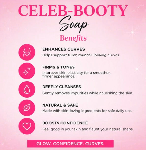Advertisement for 'Celeb-Booty Soap' with benefits listed on a pink background.