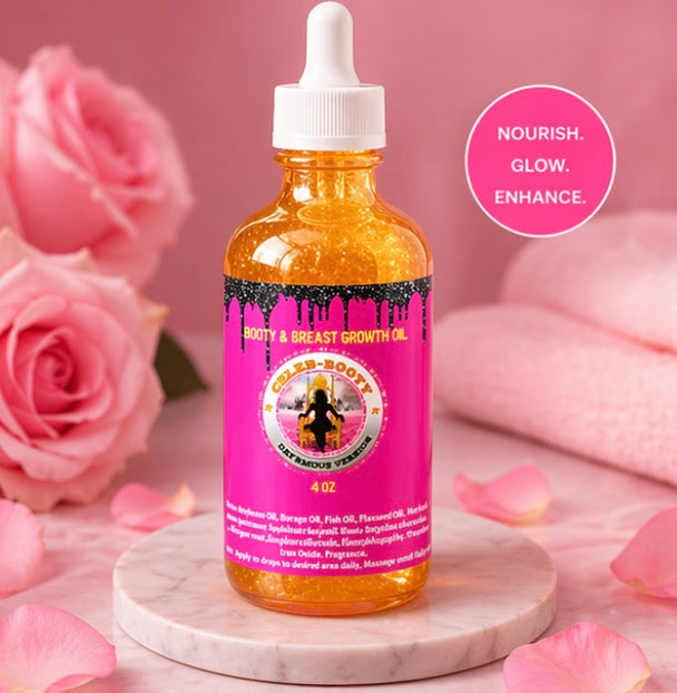 Bottle of Booty & Breast Growth Oil with pink label and roses in the background