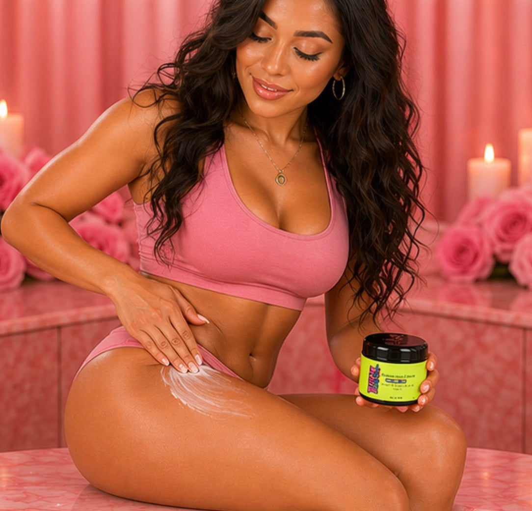Woman applying cream to her leg with a pink background and candles.