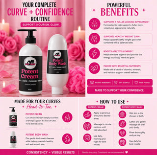 Promotional graphic for a 'Complete Curve + Confidence Routine' with cream and body wash bottles on a pink background.