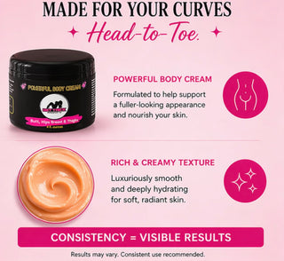 Promotional image of a body cream with text on a pink background