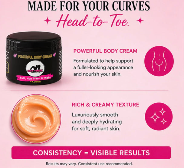 Promotional image of a body cream with text on a pink background