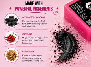 Pink soap bar with activated charcoal, cayenne, and fenugreek ingredients on a pink background