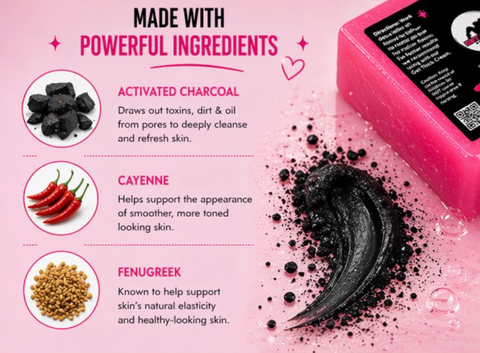 Pink soap bar with activated charcoal, cayenne, and fenugreek ingredients on a pink background