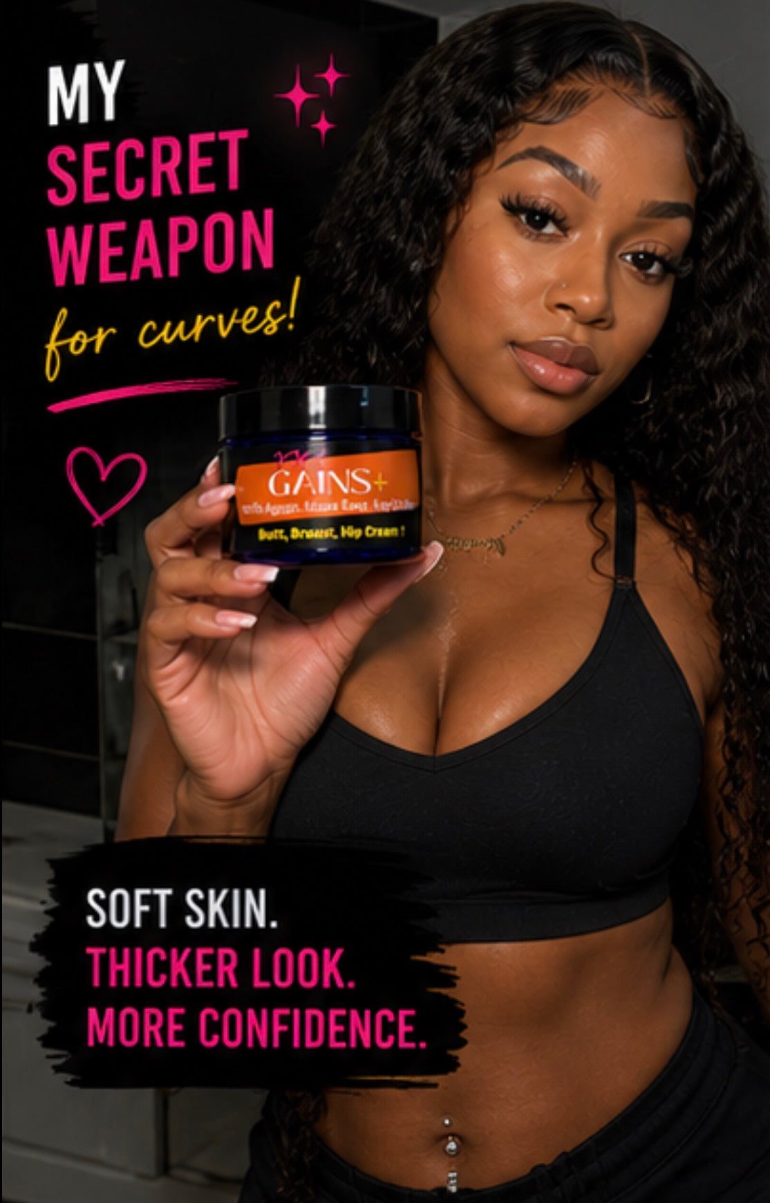 Woman holding a product container with promotional text about its benefits