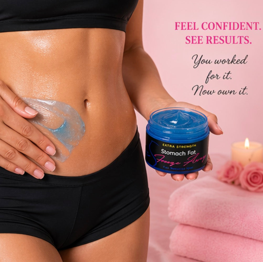 Person applying a product to their stomach with a pink background and text encouraging confidence.