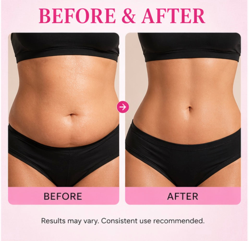 Before and after comparison of a person's waist area wearing black underwear.