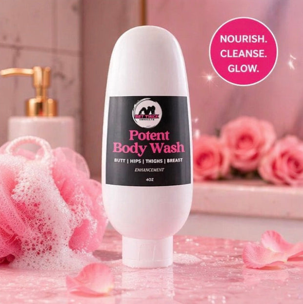 White body wash bottle with pink and black label in a bathroom setting with roses and soap.
