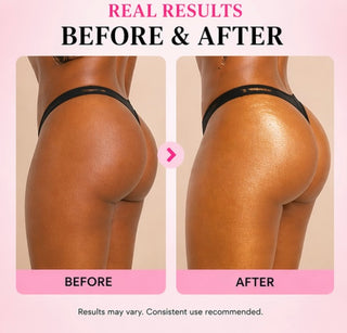 Before and after comparison of a person's buttocks wearing black underwear on a pink background.
