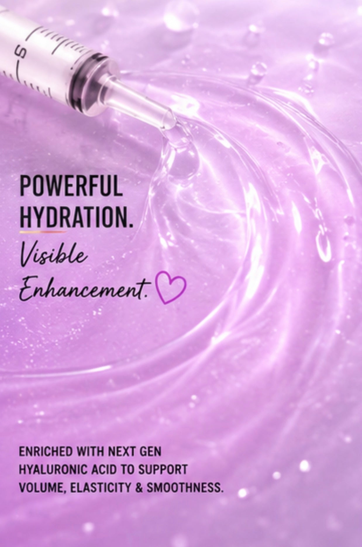 Purple background with syringe and text about powerful hydration and visible enhancement.
