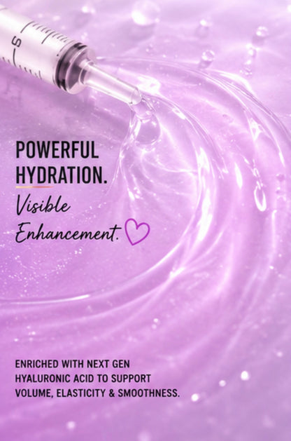 Purple background with syringe and text about powerful hydration and visible enhancement.