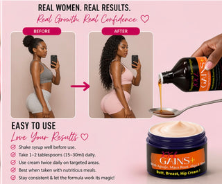 Advertisement for a cream product with 'GAINS+' branding, showing before and after effects on hair length.
