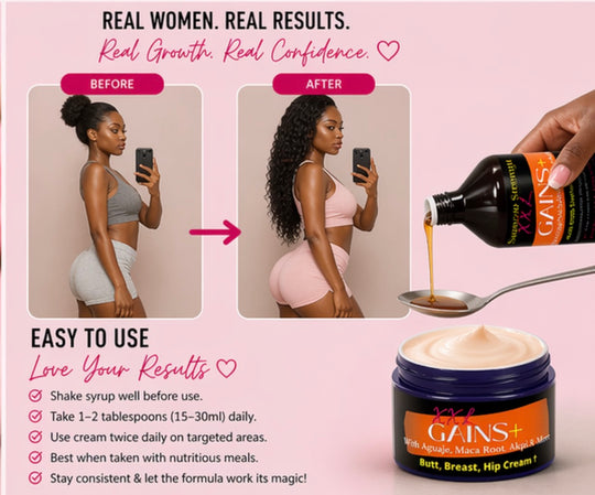Advertisement for a cream product with 'GAINS+' branding, showing before and after effects on hair length.