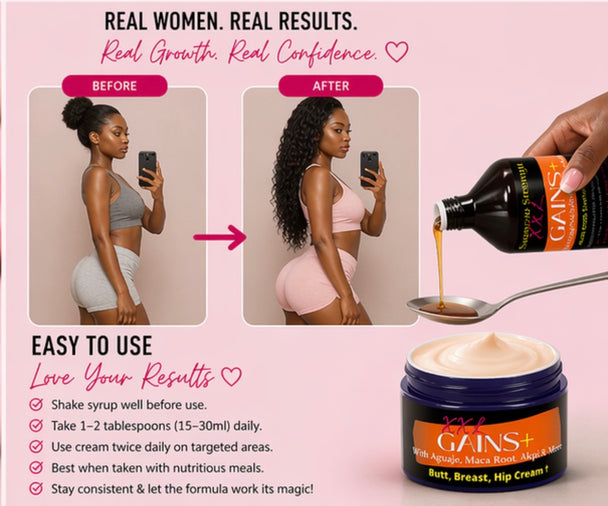 Advertisement for a cream product with 'GAINS+' branding, showing before and after effects on hair length.