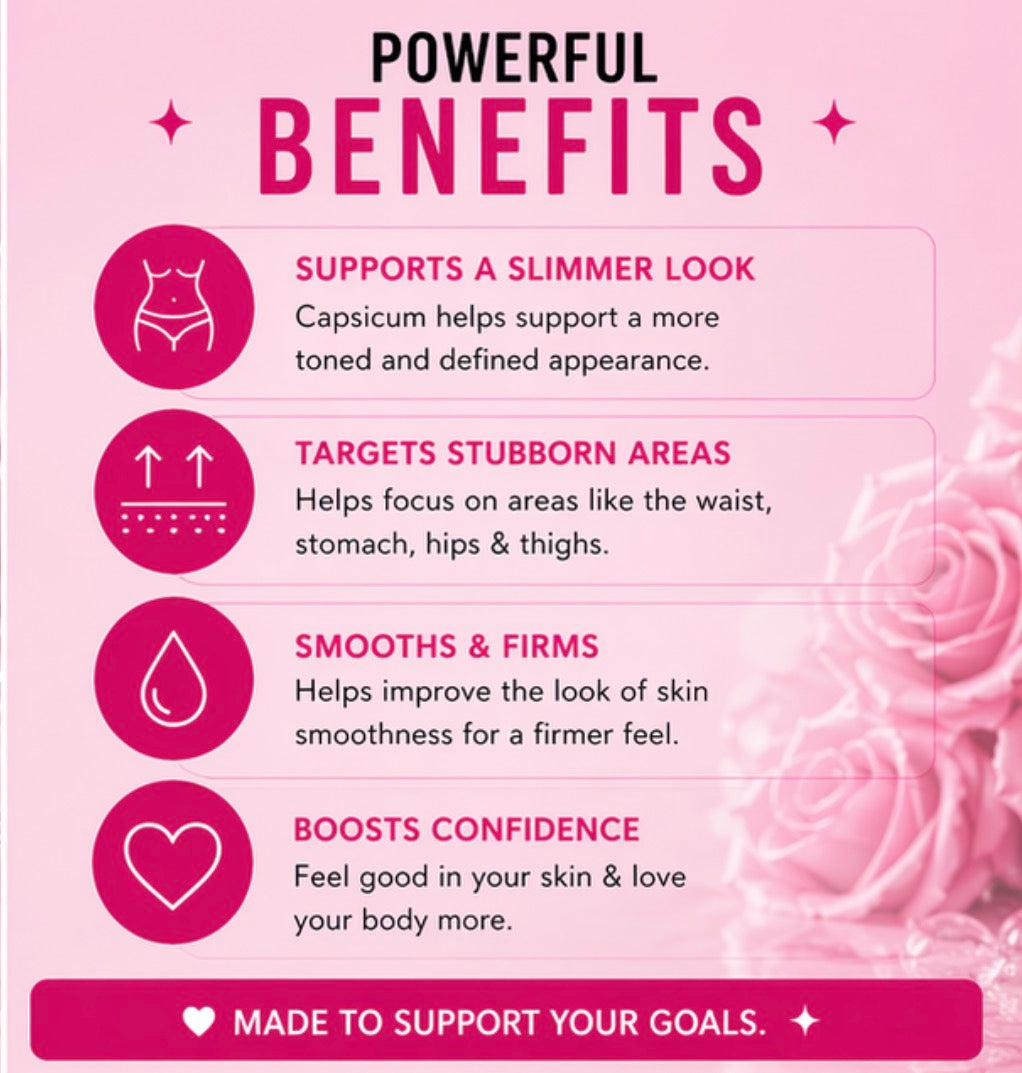 Pink infographic with benefits of a product on a pink background