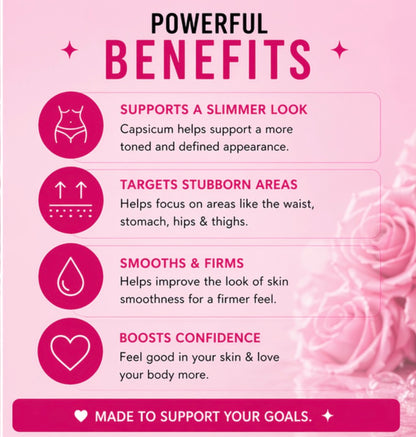 Pink infographic with benefits of a product on a pink background