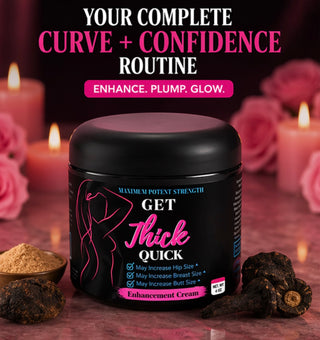 Black jar labeled 'Get Thick Quick' with pink text on a pink background with candles and flowers.