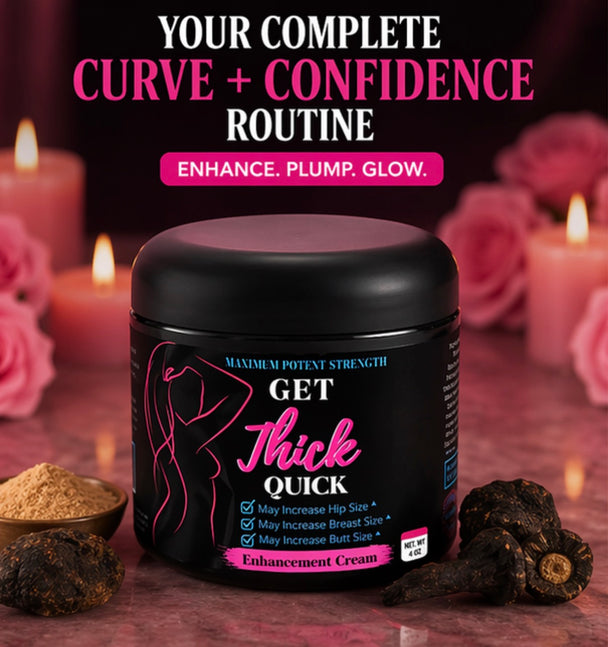 Black jar labeled 'Get Thick Quick' with pink text on a pink background with candles and flowers.