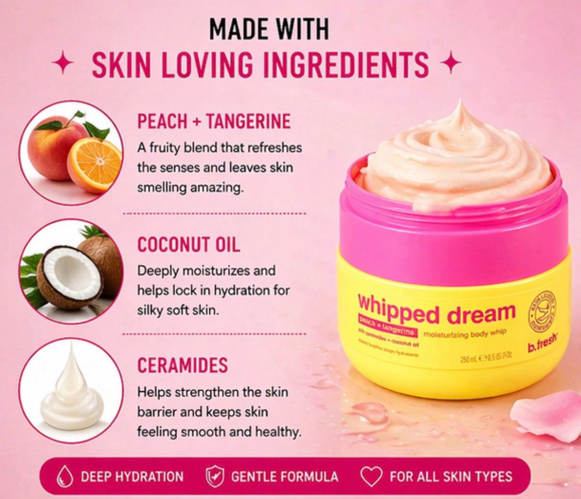 Product packaging with whipped cream texture and ingredients listed on a pink background
