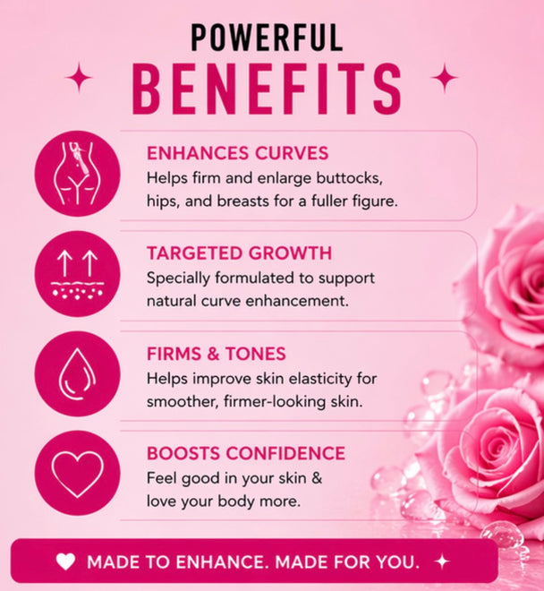 Pink promotional graphic with text about product benefits on a pink background with roses.
