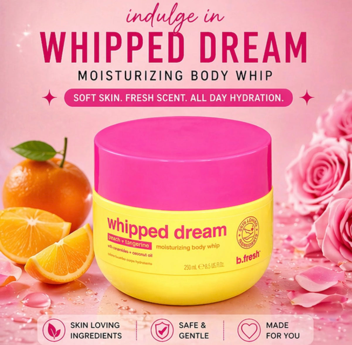 Yellow and pink jar of 'Whipped Dream' moisturizing body whip with oranges and roses on a pink background