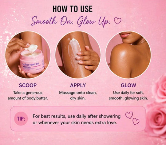 Instructions on how to use body butter with a pink background and rose design.