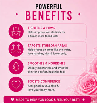 Pink infographic with text and icons about the benefits of a product on a pink background with roses.
