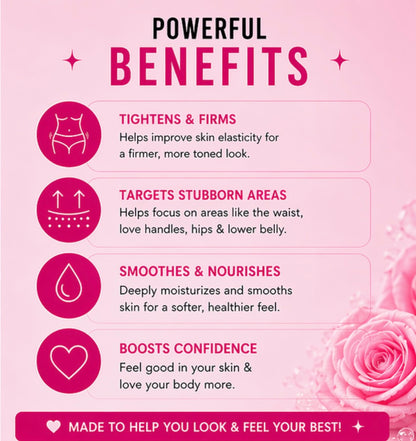 Pink infographic with text and icons about the benefits of a product on a pink background with roses.