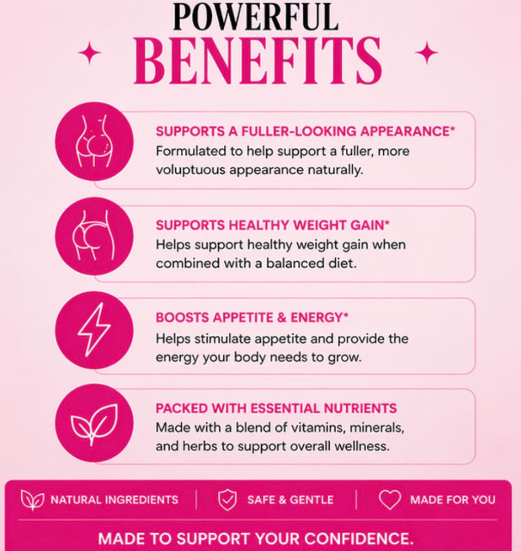 Pink infographic listing benefits of a product on a pink background