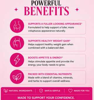 Pink infographic listing benefits of a product on a pink background